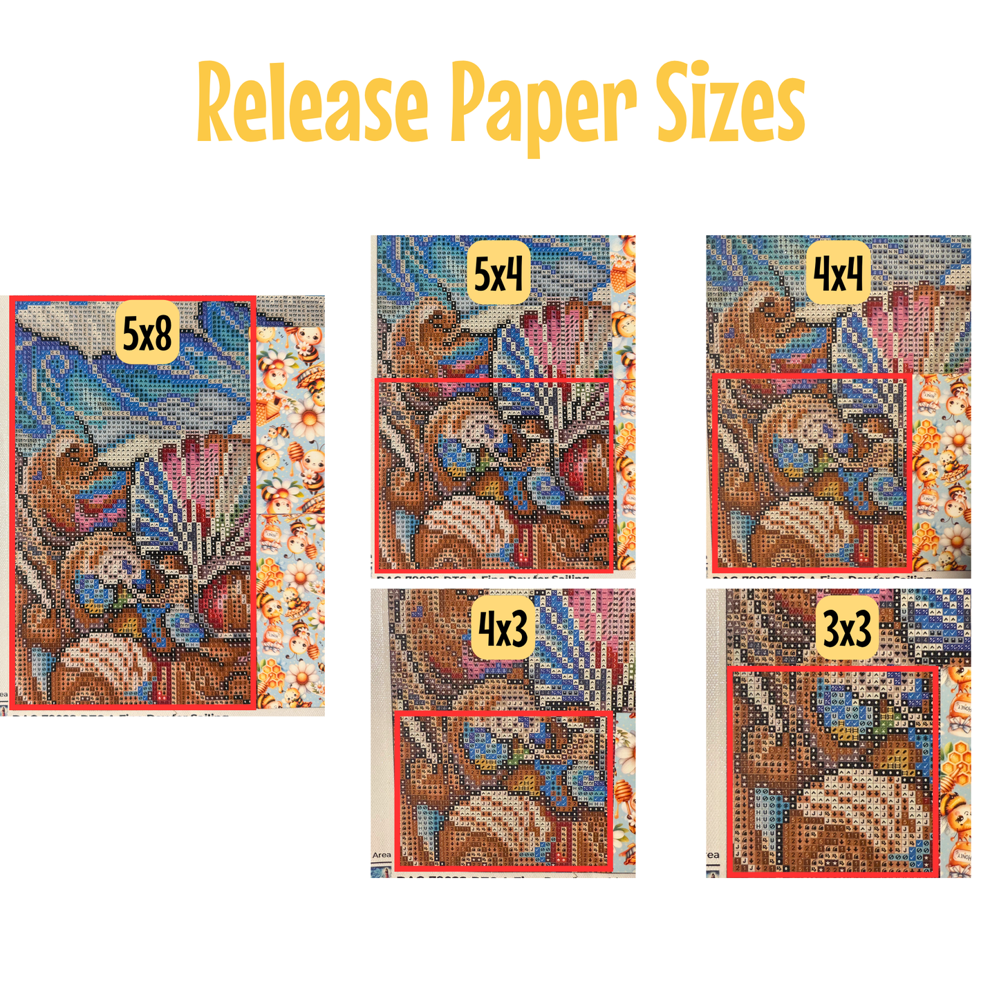a collection of six different paper sizes, each featuring a unique pattern or design. The sizes are 5x8, 5x4, 4x3, 4x4, and 3x3. The paper sizes are labeled with the text " Release Paper Sizes" above each image.