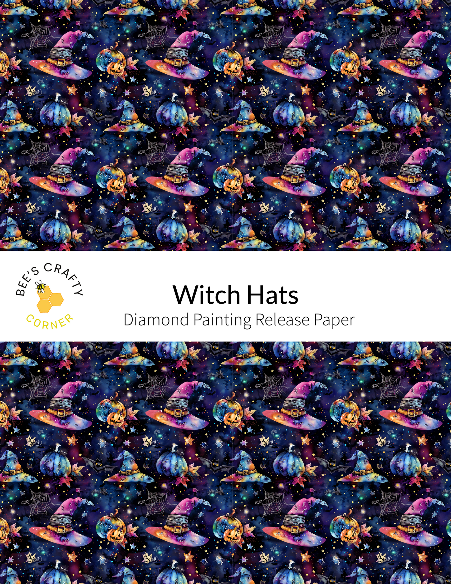 The image is a repeating pattern of various witch hats and pumpkins against a dark background, creating a whimsical and festive design.