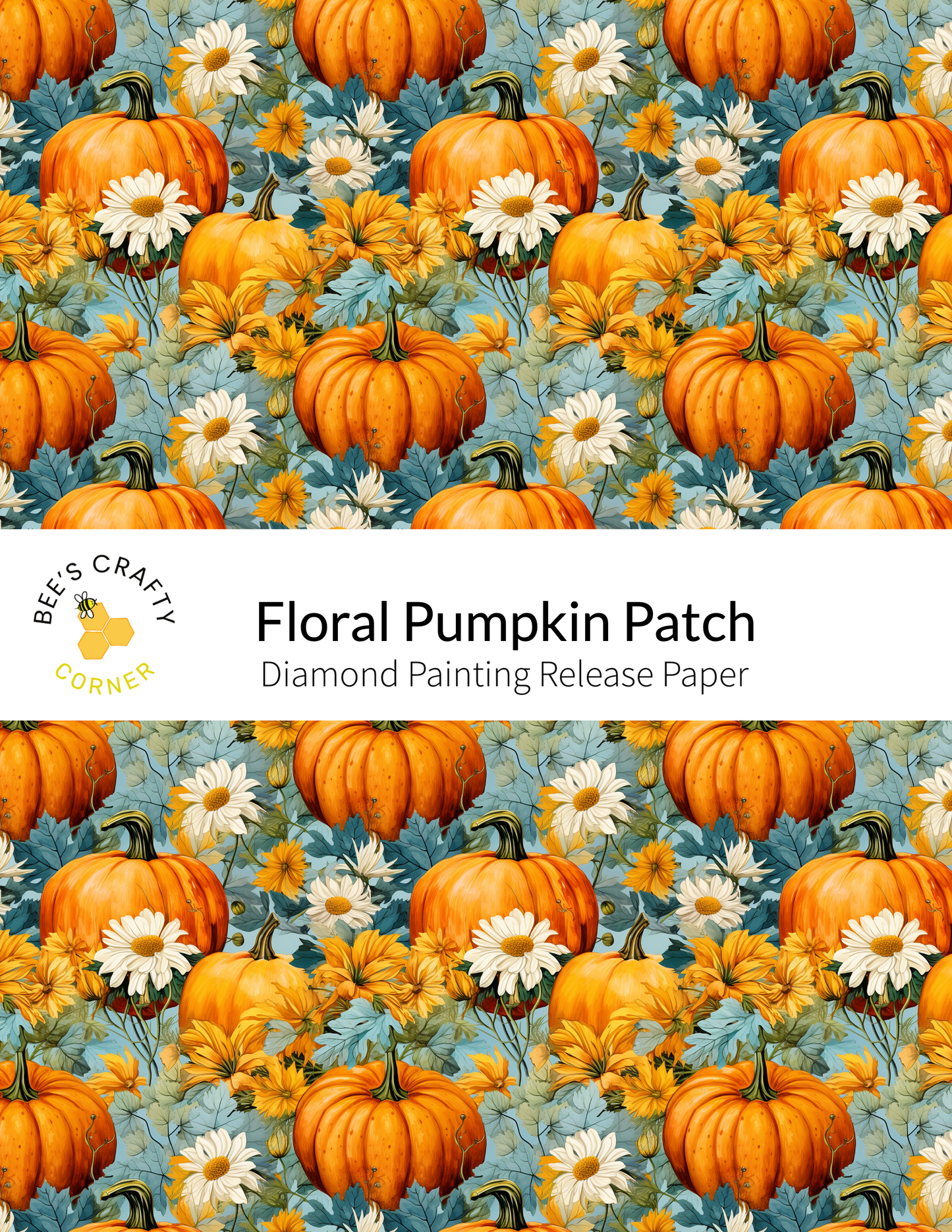 The image is a repeating pattern of orange pumpkins and white daisies against a blue background.
