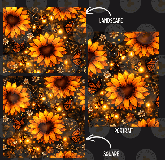 The image is a collage of four images, each featuring a vibrant and colorful pattern of sunflowers, butterflies, and other floral elements. The images are arranged in a square format, with the top left corner labeled "LANDSCAPE" and the bottom right corner labeled "PORTRAIT".