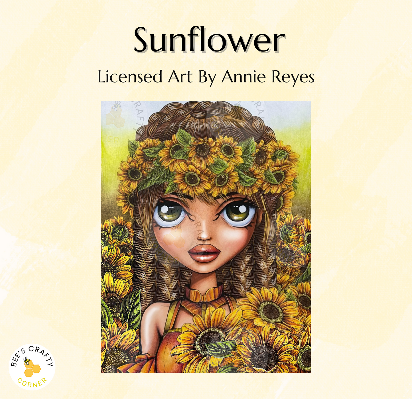 The image is a vibrant illustration of a young woman with large, expressive eyes and a head adorned with a crown of sunflowers. The background is filled with an abundance of sunflowers, creating a cheerful and lively atmosphere. The image is a creative and artistic representation of a woman surrounded by the beauty of nature.