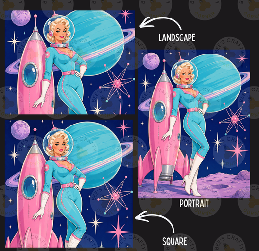 The image is a collage of three images featuring a woman in a blue outfit and helmet, standing next to a pink rocket ship against a cosmic background with planets and stars.