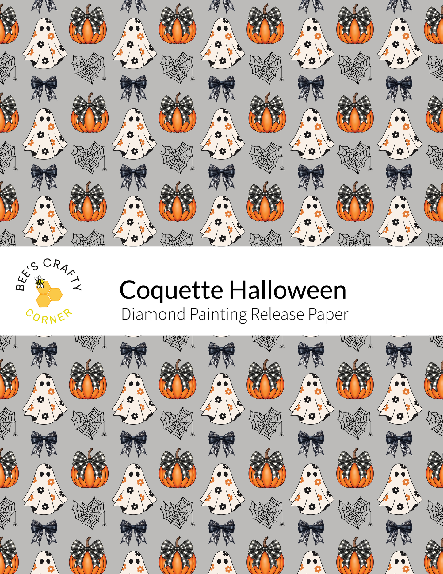 The image is a repeating pattern of Halloween-themed elements, including ghostly figures, pumpkins, and black and white spider web designs. The pattern is set against a gray background and features a variety of colors, including orange, black, and white. The text "Cocoette Halloween" is displayed prominently in the center, and the release paper is indicated as a Diamond Painting release paper.