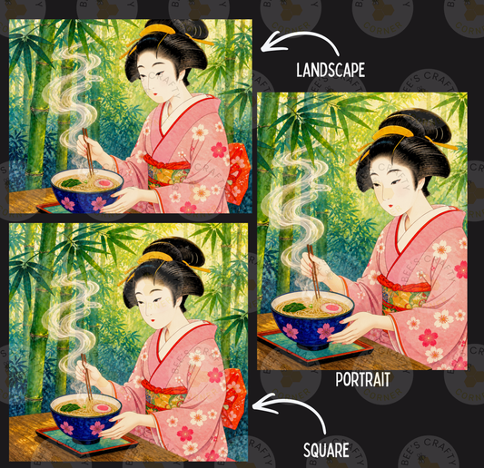 The image is a collage of three pictures depicting a woman in traditional Japanese attire, holding a bowl of food and surrounded by a lush, tropical setting.