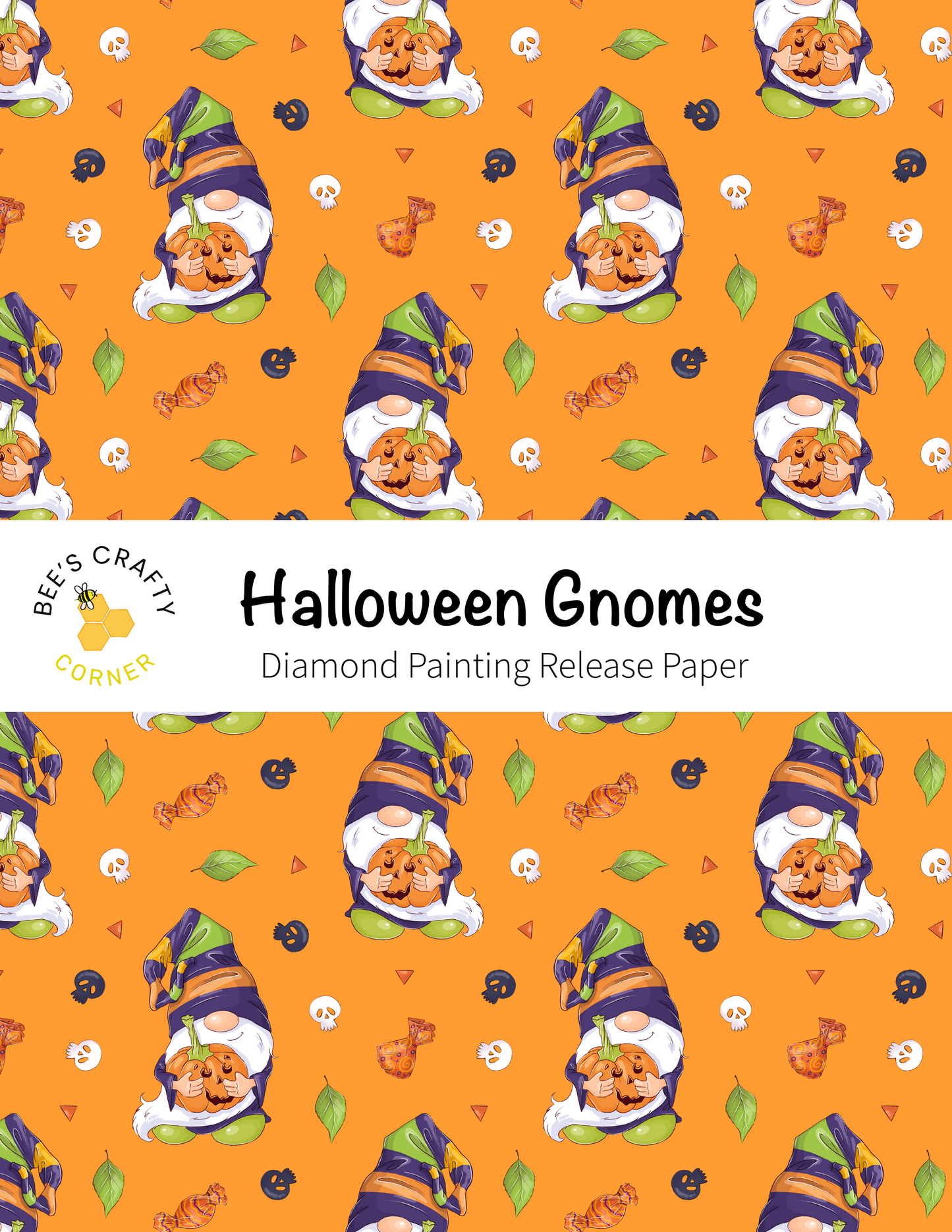 The image is a repeating pattern of Halloween-themed gnomes and other Halloween-related elements, such as skulls and pumpkins, against an orange background.