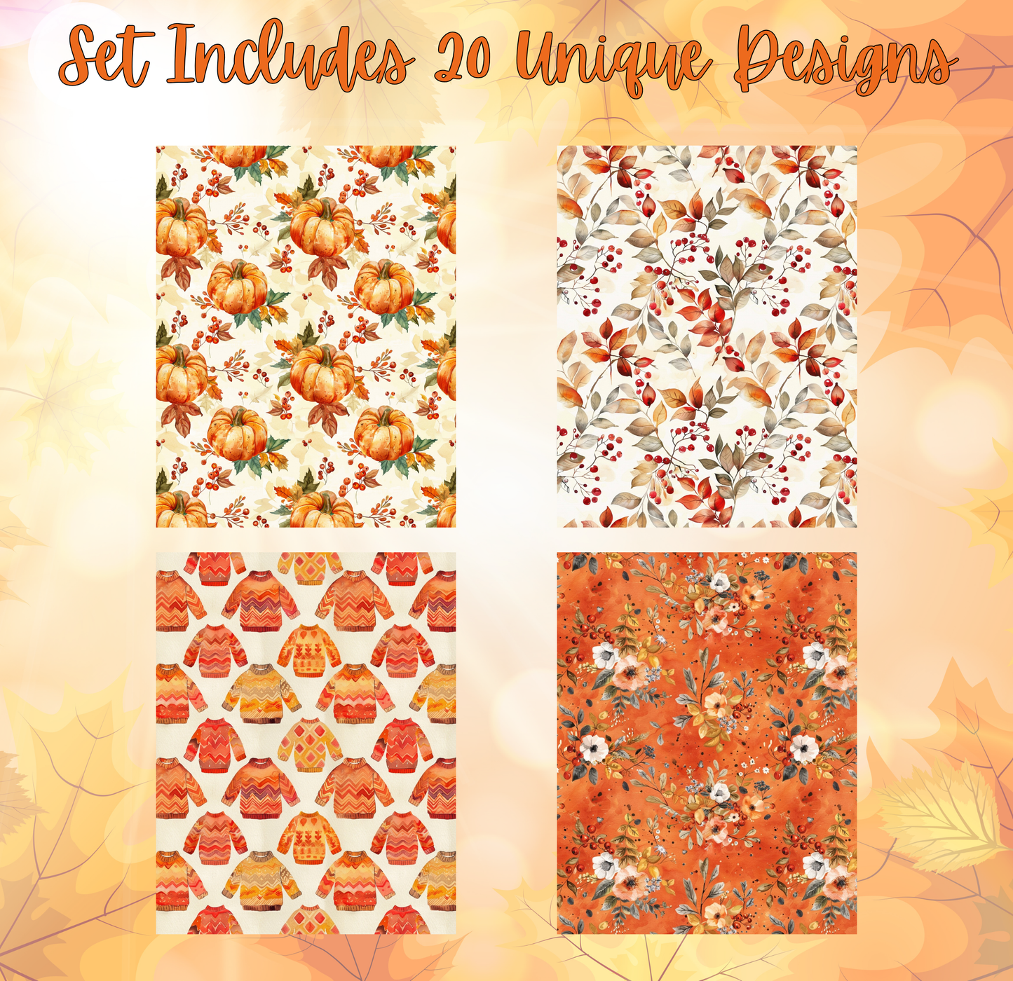 four different patterns or designs, each with a unique color scheme and pattern. The text above the image reads "Set Includes 20 Unique Designs".