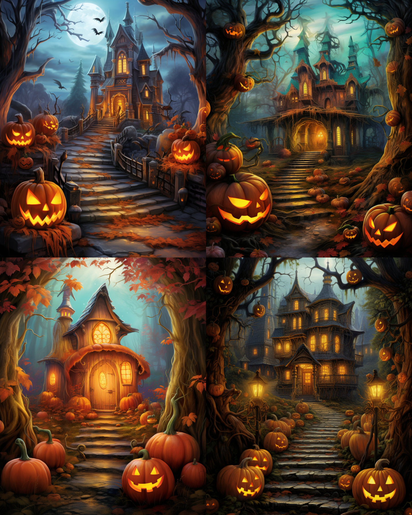The image is a collage of four Halloween-themed scenes featuring spooky mansions, jack-o-lanterns, and a dark, eerie atmosphere.