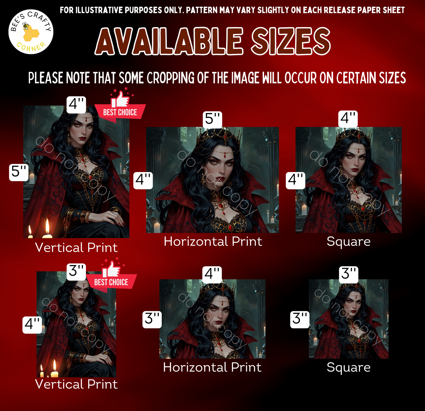 The image is a collage of six images featuring a woman in a red cape, each with different sizes and orientations. The images are labeled with the available sizes, including "4", "5", "4", "4", "3", and "3".