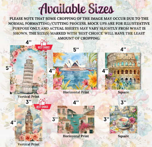 a collection of six different artistic prints, each with a unique size and style, including a vertical print, a horizontal print, a square print, and a horizontal print. The sizes vary from 4" to 3" and the styles range from a floral print to a cityscape print. The image is described as a collage of multiple images, and the text indicates that some cropping may occur during the normal formatting process, and mockups are provided for illustrative purposes.