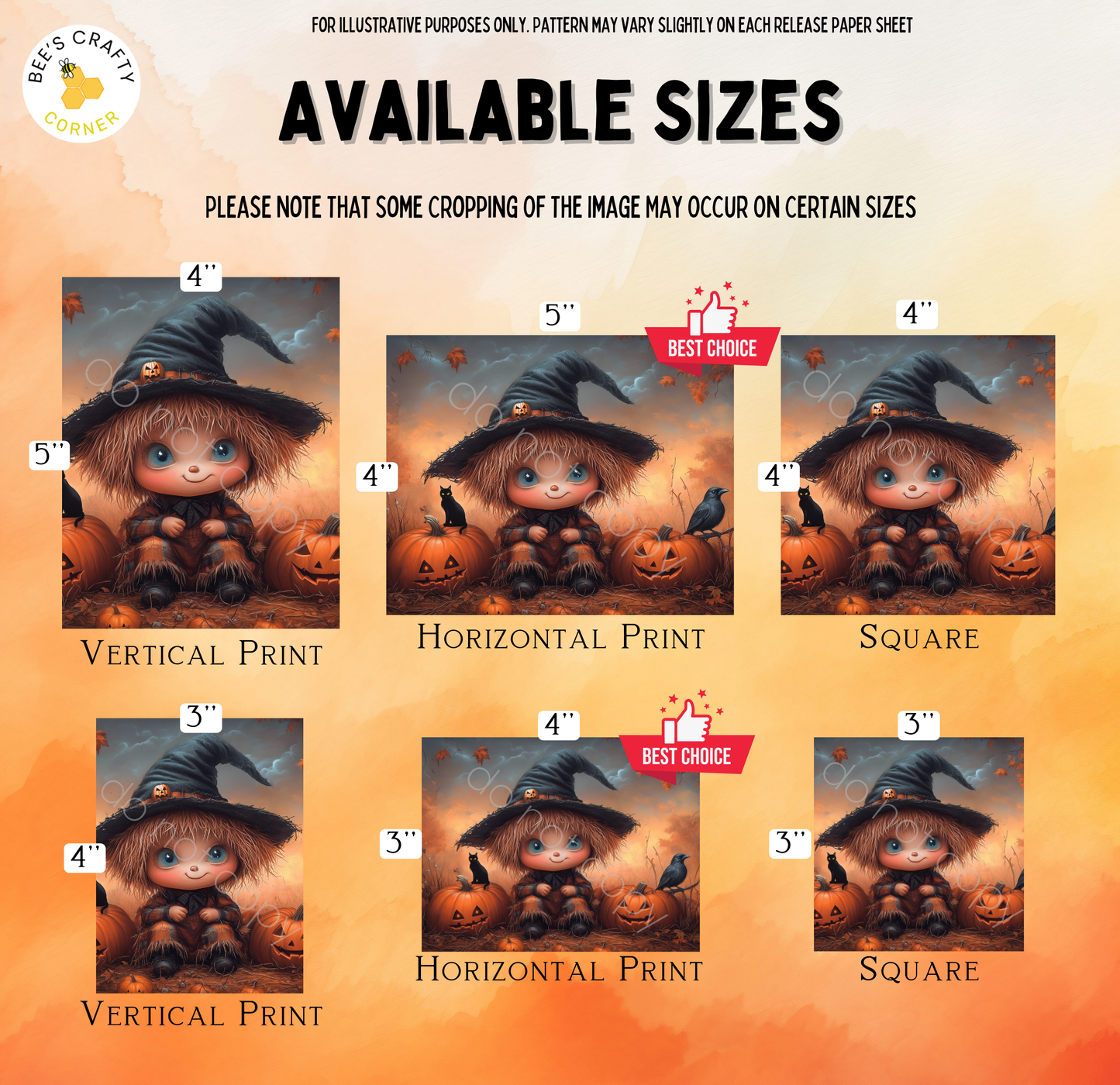 The image is a collection of Halloween-themed illustrations, including a witch, pumpkins, and bats. The illustrations are available in different sizes, with the largest being 4" and the smallest being 3". The illustrations are labeled with their respective sizes and the best choice, indicating that some cropping may occur on certain sizes.