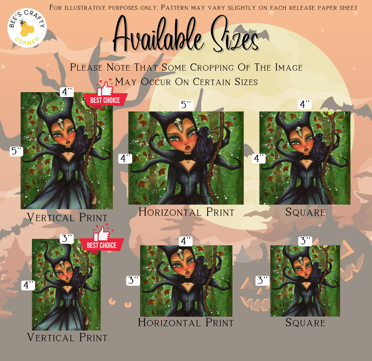 The image is a collage of six different sizes of illustrations of a character with horns and a black outfit, set against a green and orange background with bats and a full moon.