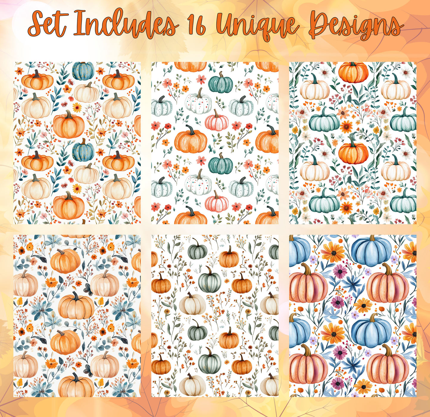 a set of six unique designs featuring pumpkins and flowers. The designs include various patterns and arrangements of pumpkins and flowers, creating a visually appealing and autumnal theme.
