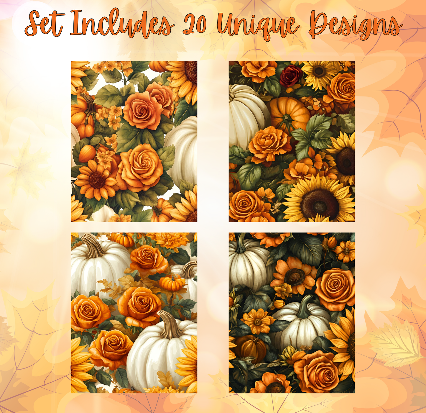 four distinct images, each showcasing a unique arrangement of autumn-themed elements, including pumpkins, sunflowers, roses, and leaves.