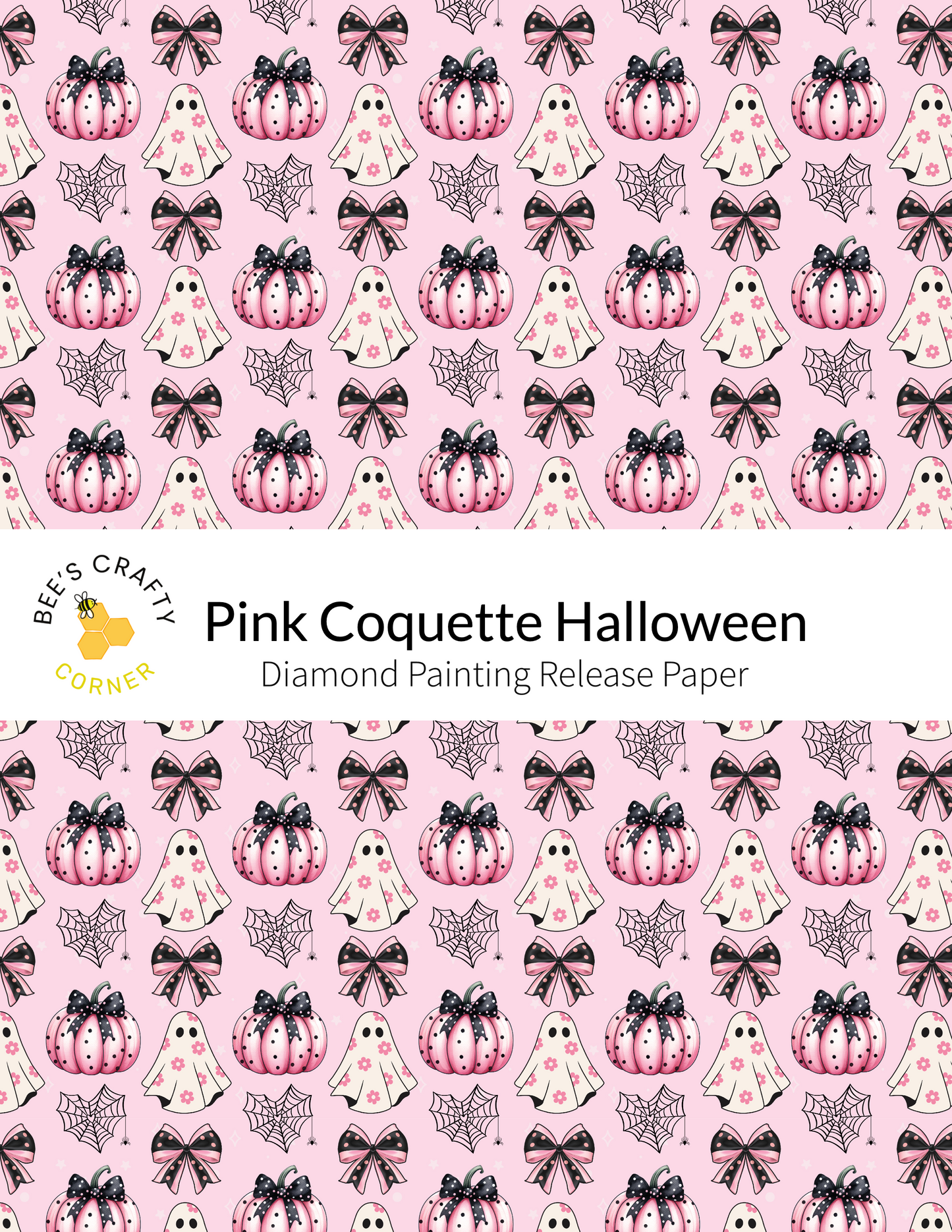 The image is a repeating pattern of pink pumpkins, ghostly figures, and bows on a pink background.