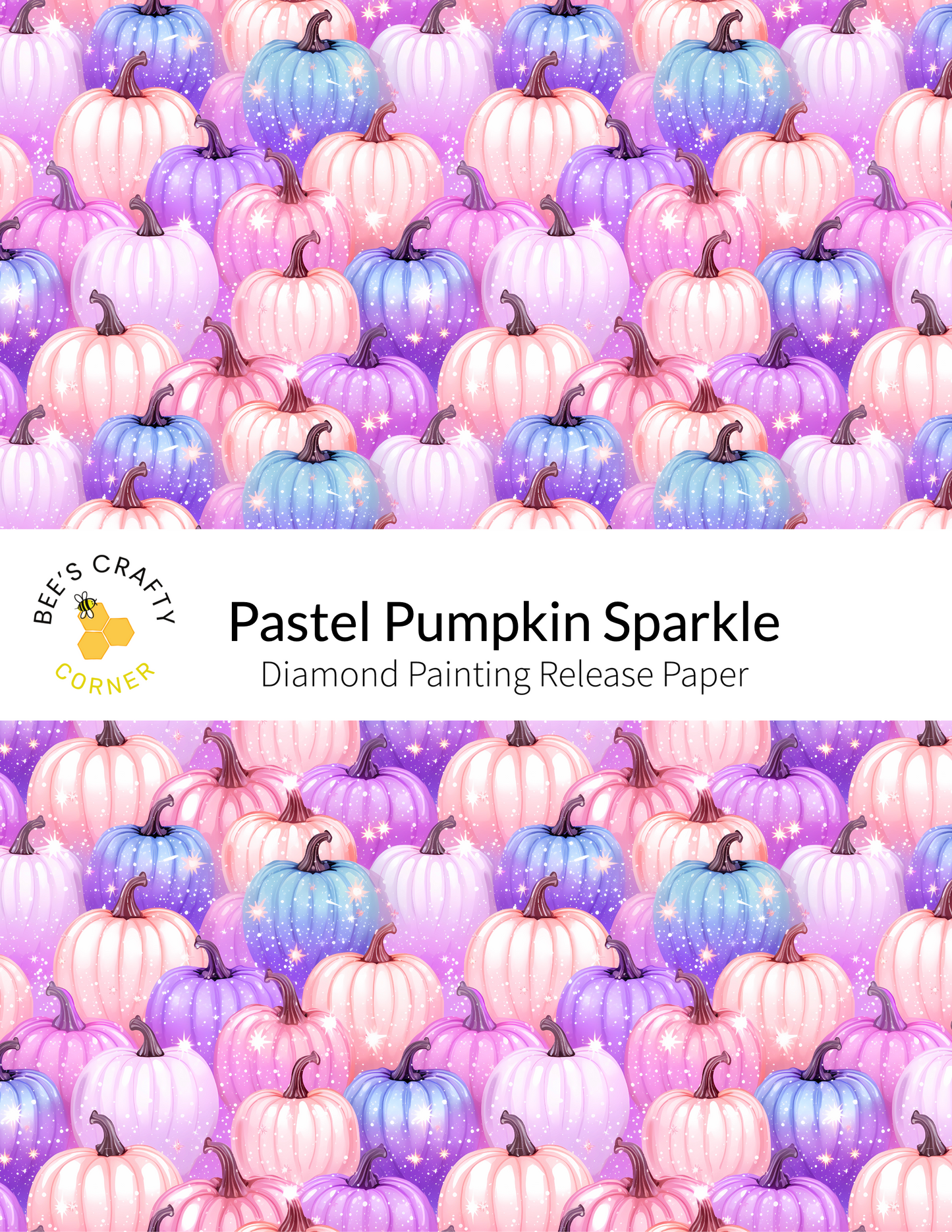 The image is a repeating pattern of pastel-colored pumpkins with sparkles, creating a visually appealing and festive design.