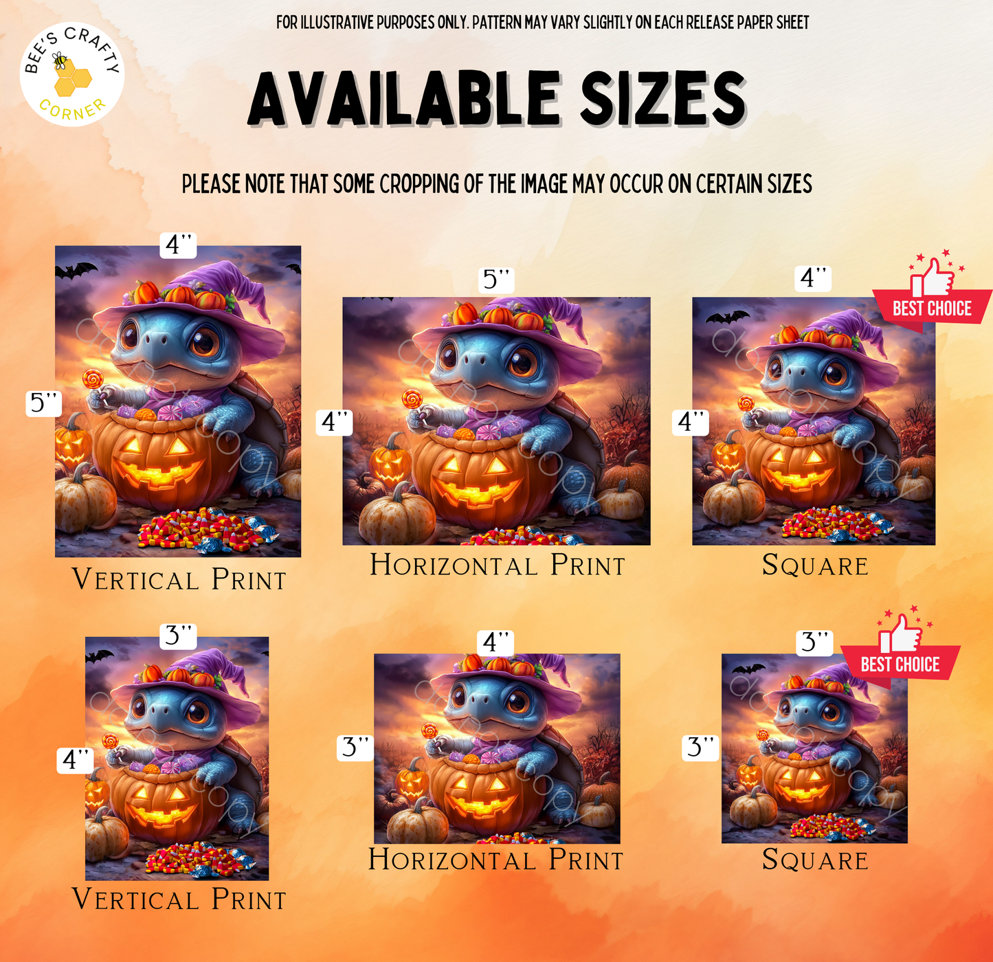 The image is a collage of six different sizes of Halloween-themed artwork featuring a cartoon character in a witch's hat, a pumpkin, and other Halloween-related elements.