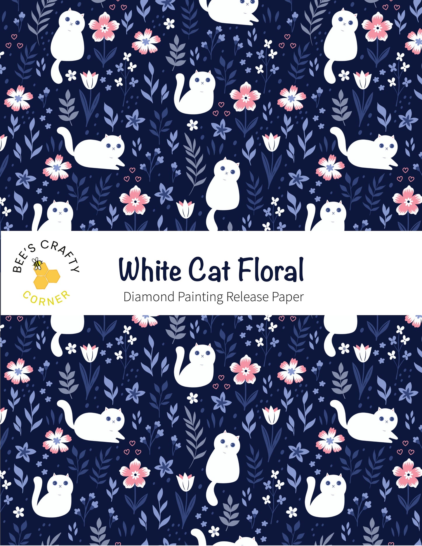 RELEASE PAPER | White Cat Floral - Reusable Patterned Diamond Painting Release Paper