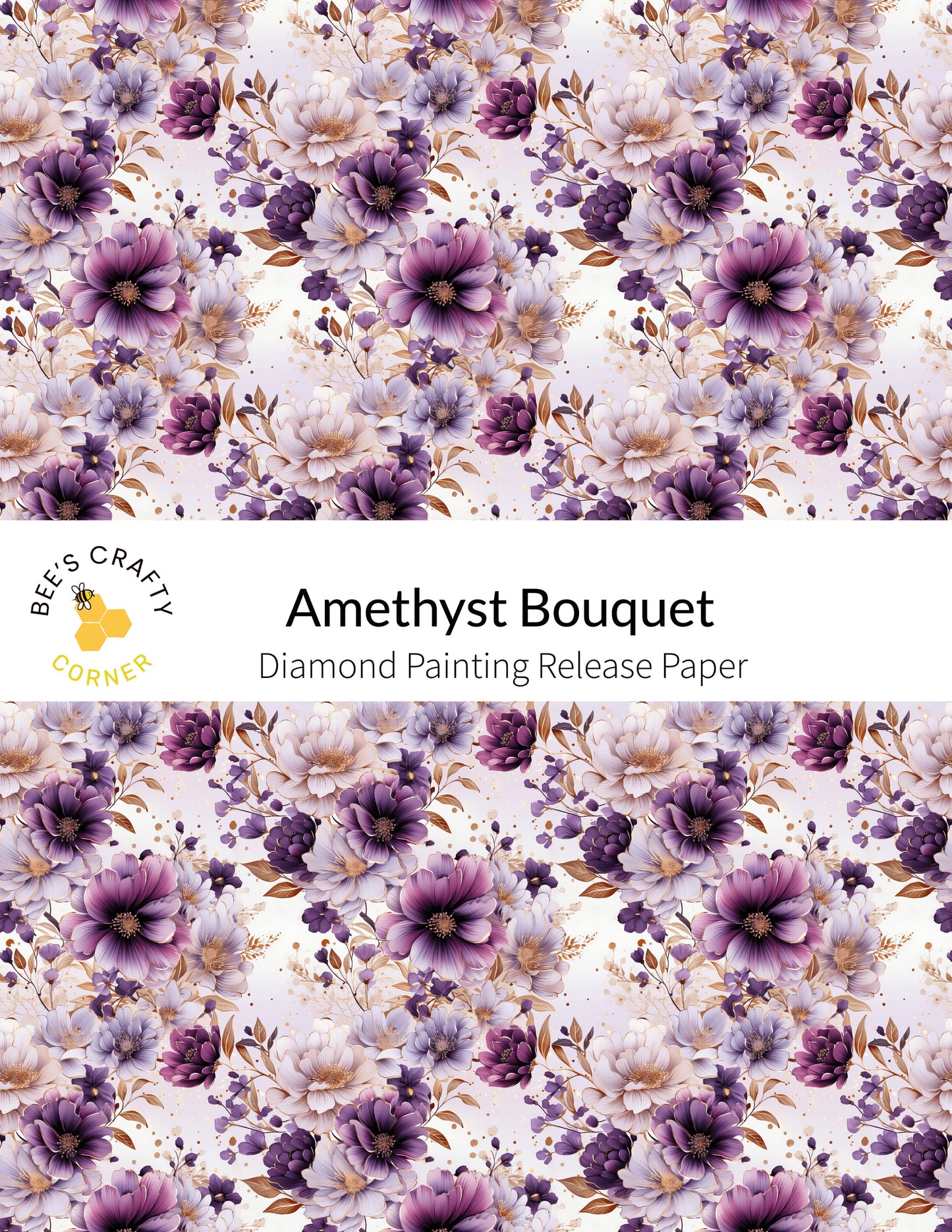 a purple and white flower pattern with the words amethyst bouquet