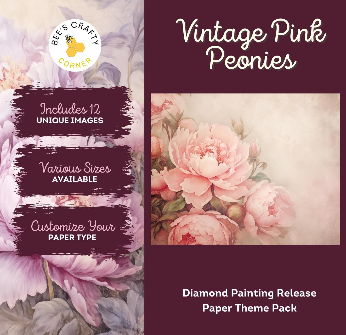 RELEASE PAPER | Vintage Pink Peonies - Theme Pack Reusable Diamond Painting Release Paper