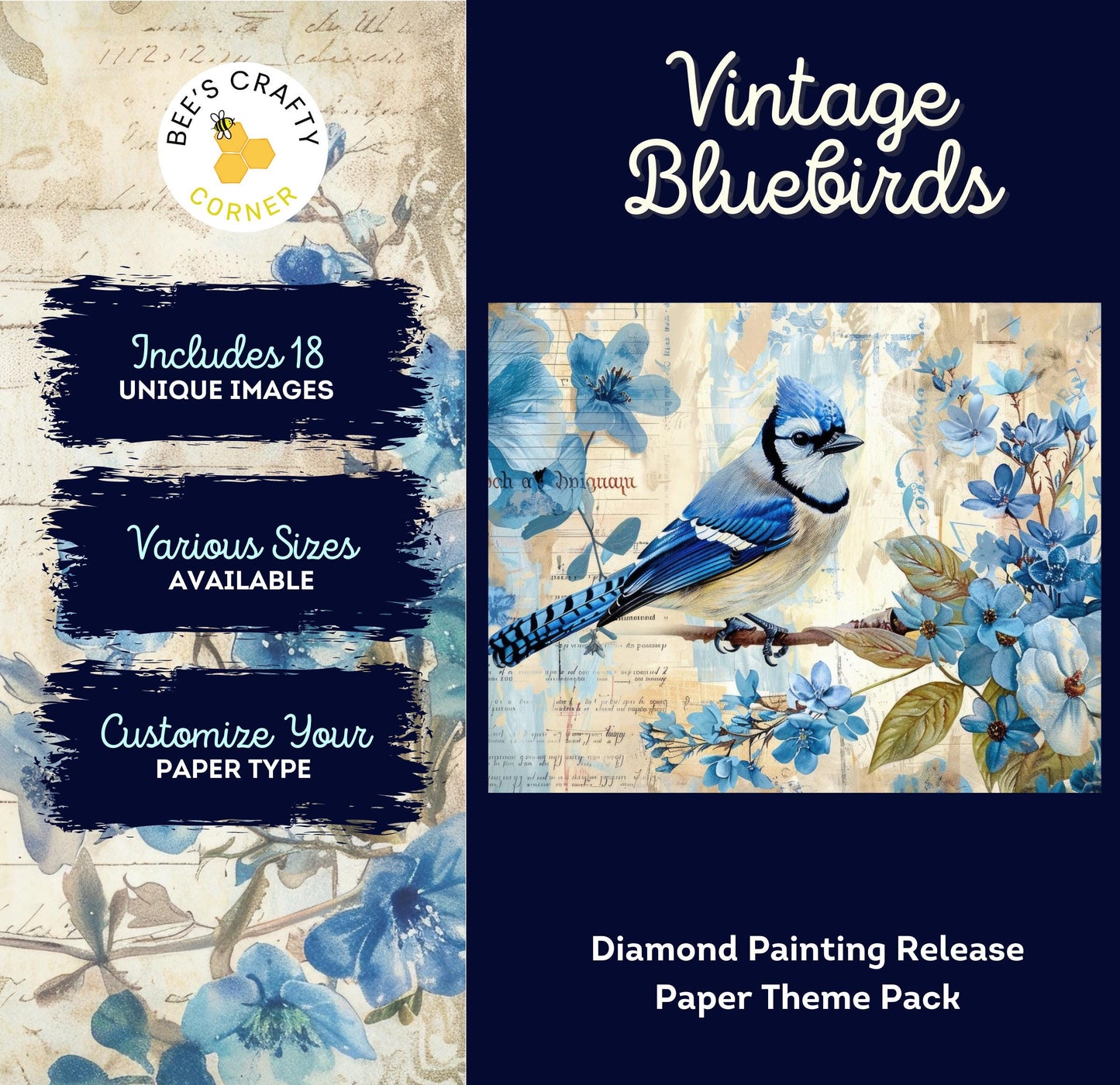 RELEASE PAPER | Vintage Blue Birds - Theme Pack Reusable Diamond Painting Release Paper