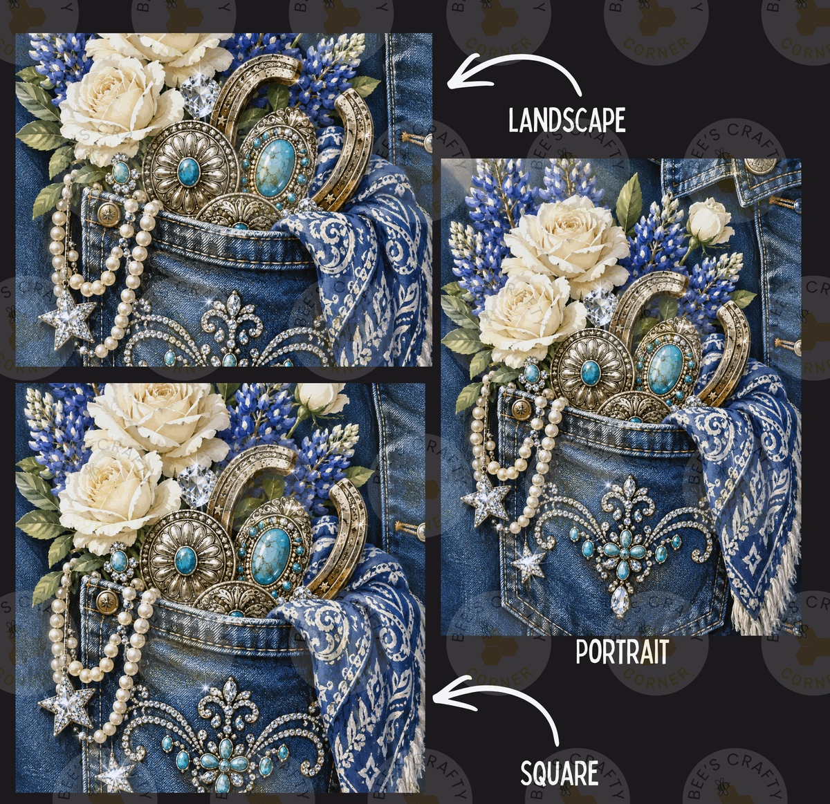 The image is a collage of three pictures, each featuring a close-up of a pocket on a pair of blue jeans, adorned with various decorative elements such as flowers, pearls, and jewelry.