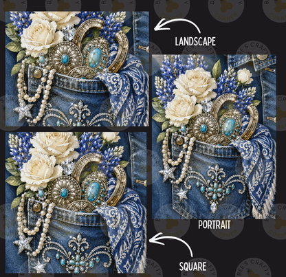 The image is a collage of three pictures, each featuring a close-up of a pocket on a pair of blue jeans, adorned with various decorative elements such as flowers, pearls, and jewelry.