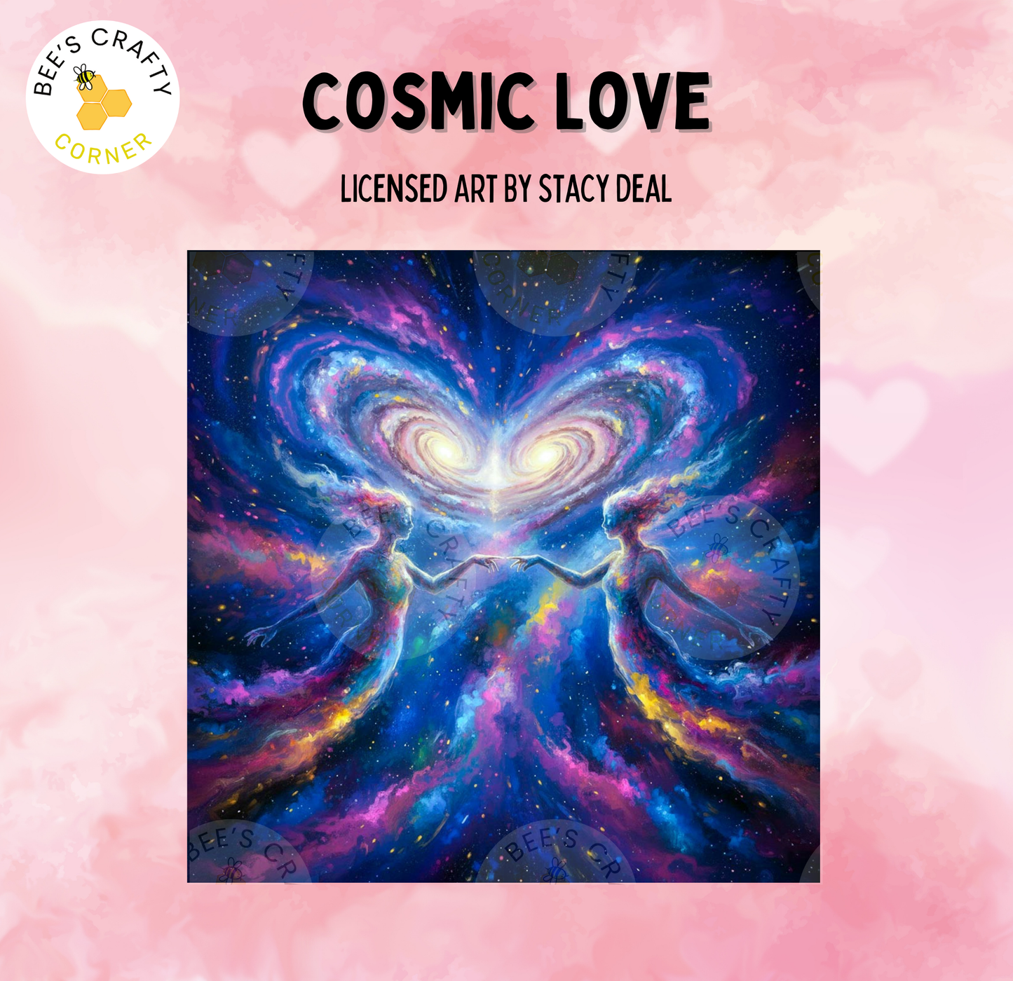 The image is a painting titled "Cosmic Love" by an artist named Stacy Deal. The painting depicts two figures, one male and one female, floating in a cosmic space filled with swirling nebulae and stars.