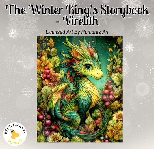 The image is a vibrant illustration of a dragon surrounded by a lush, colorful garden scene with various fruits and flowers.