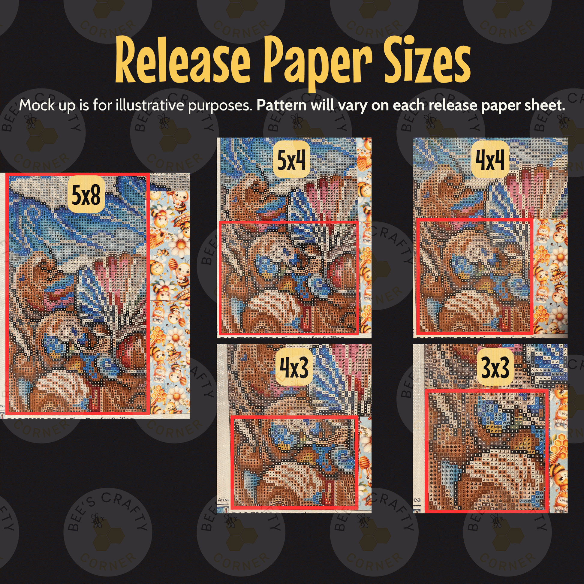 a collection of five different paper sizes, each featuring a unique pattern. The patterns vary in size and complexity, showcasing the versatility of the paper sizes. The release paper sizes are mock-up illustrations designed for illustrative purposes, and the pattern will vary on each release paper sheet.