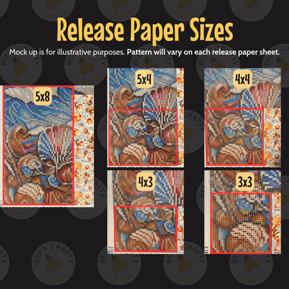a collection of five different paper sizes, each featuring a unique pattern. The patterns vary in size and complexity, showcasing the versatility of the paper sizes. The release paper sizes are mock-up illustrations designed for illustrative purposes, and the pattern will vary on each release paper sheet.