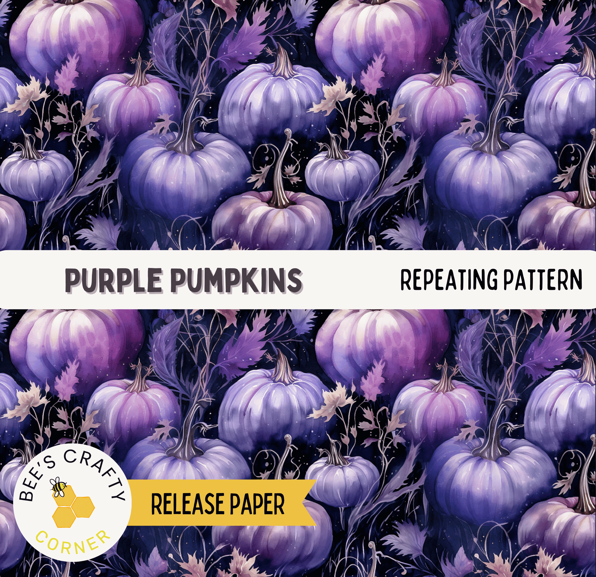 The image is a repeating pattern of purple pumpkins against a dark background, with the text "Purple Pumpkins" and "REPEATING PATTERN" visible.