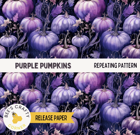 The image is a repeating pattern of purple pumpkins against a dark background, with the text "Purple Pumpkins" and "REPEATING PATTERN" visible.