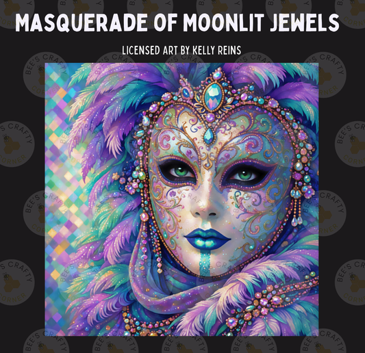 The image is a vibrant and colorful painting depicting a woman's face wearing a large, ornate mask with feathers and jewels.