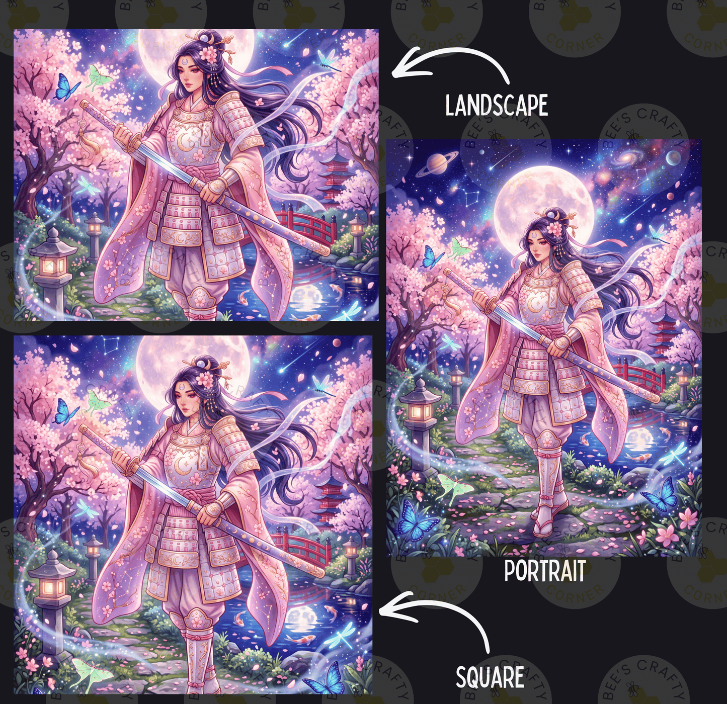 The image is a collage of three pictures depicting a woman in a pink and white outfit holding a sword and surrounded by a fantastical landscape with a full moon, cherry blossoms, and a pagoda.