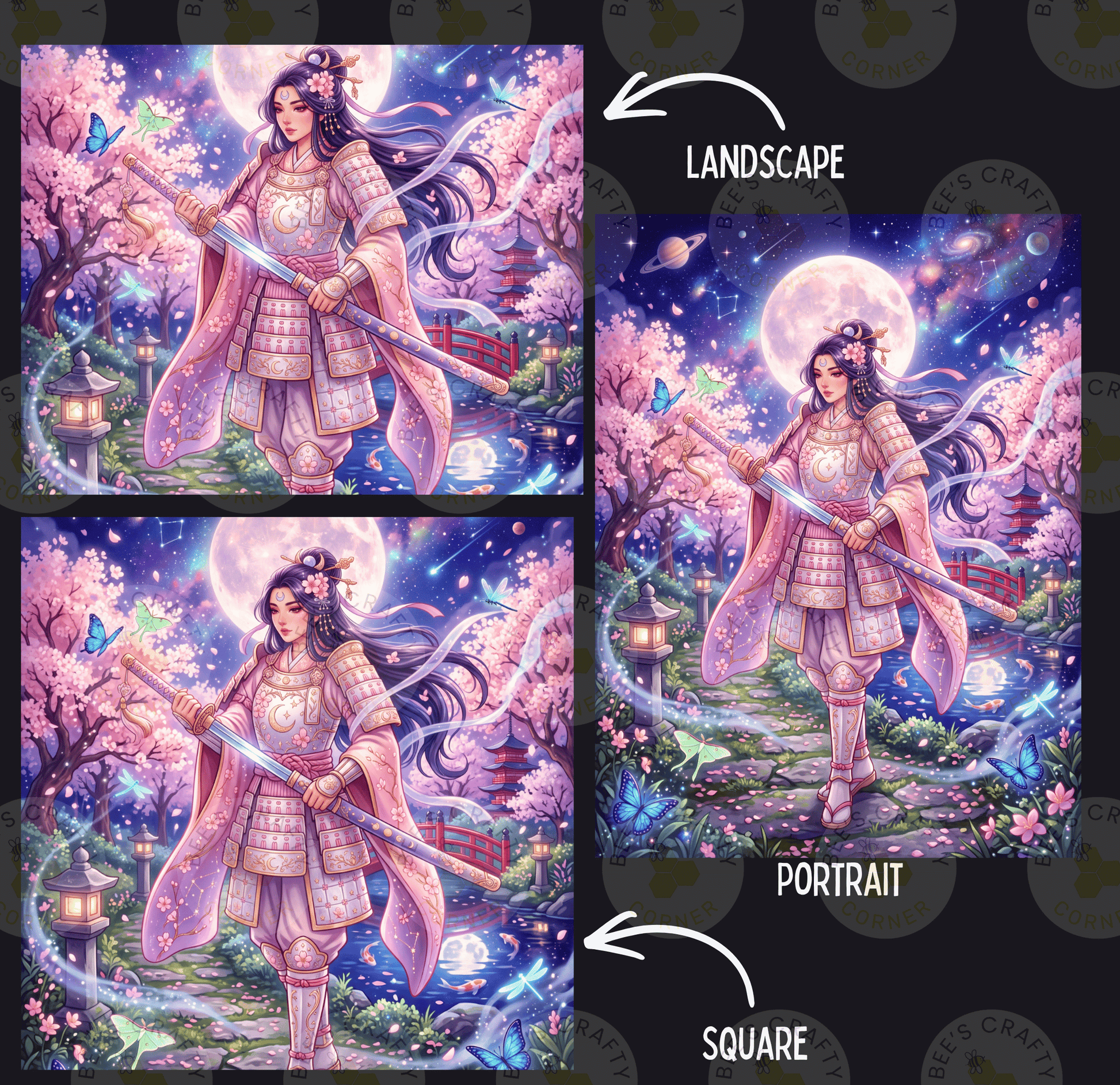 The image is a collage of three pictures depicting a woman in a pink and white outfit holding a sword and surrounded by a fantastical landscape with a full moon, cherry blossoms, and a pagoda.