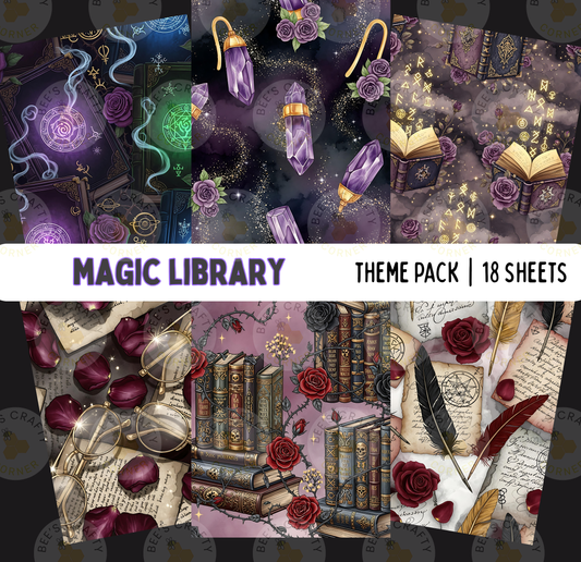 The image is a theme pack for a "Magic Library" featuring various elements such as books, crystals, roses, and feathers.
