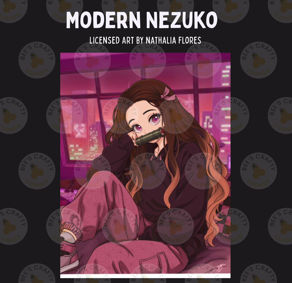The image is an illustration of a young woman with long brown hair wearing a purple outfit, sitting in a room with a cityscape visible through a window behind her.