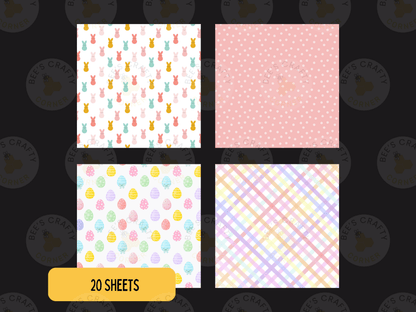 four square patterns, each with a different design, arranged in a grid format. The patterns include a polka dot background, a bunny pattern, a striped pattern, and a dotted pattern. The image also includes a text overlay that reads "20 SHEETS" and a logo that says "BEES CRAFTY COLOR".