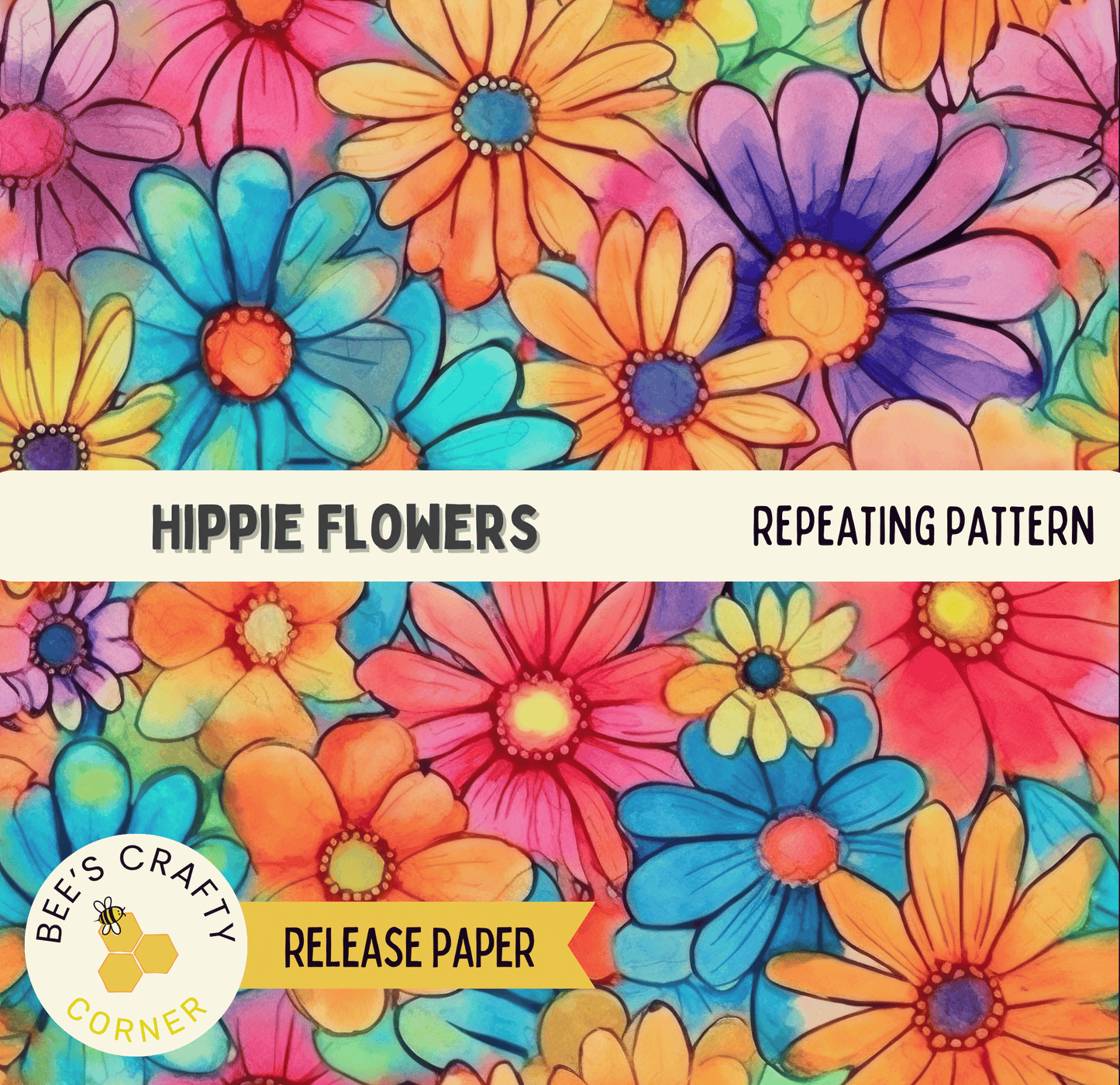 The image is a vibrant and colorful collage of various flowers, including daisies, sunflowers, and other blooms in shades of orange, yellow, and blue. The flowers are arranged in a repeating pattern, creating a visually striking and harmonious composition.