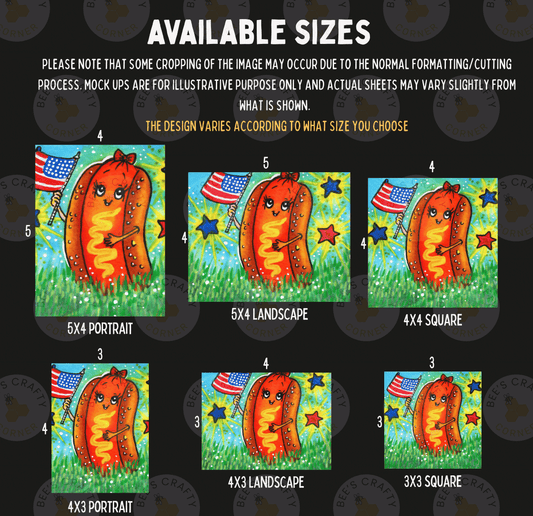 a collage of six different images, each depicting a hot dog in various sizes and arrangements. The hot dogs are accompanied by American flags and stars, creating a festive and playful atmosphere. The images vary in size, ranging from small to large, and are arranged in a grid format. The text in the image provides information about the available sizes and the design variations, but it does not describe each individual image in detail.