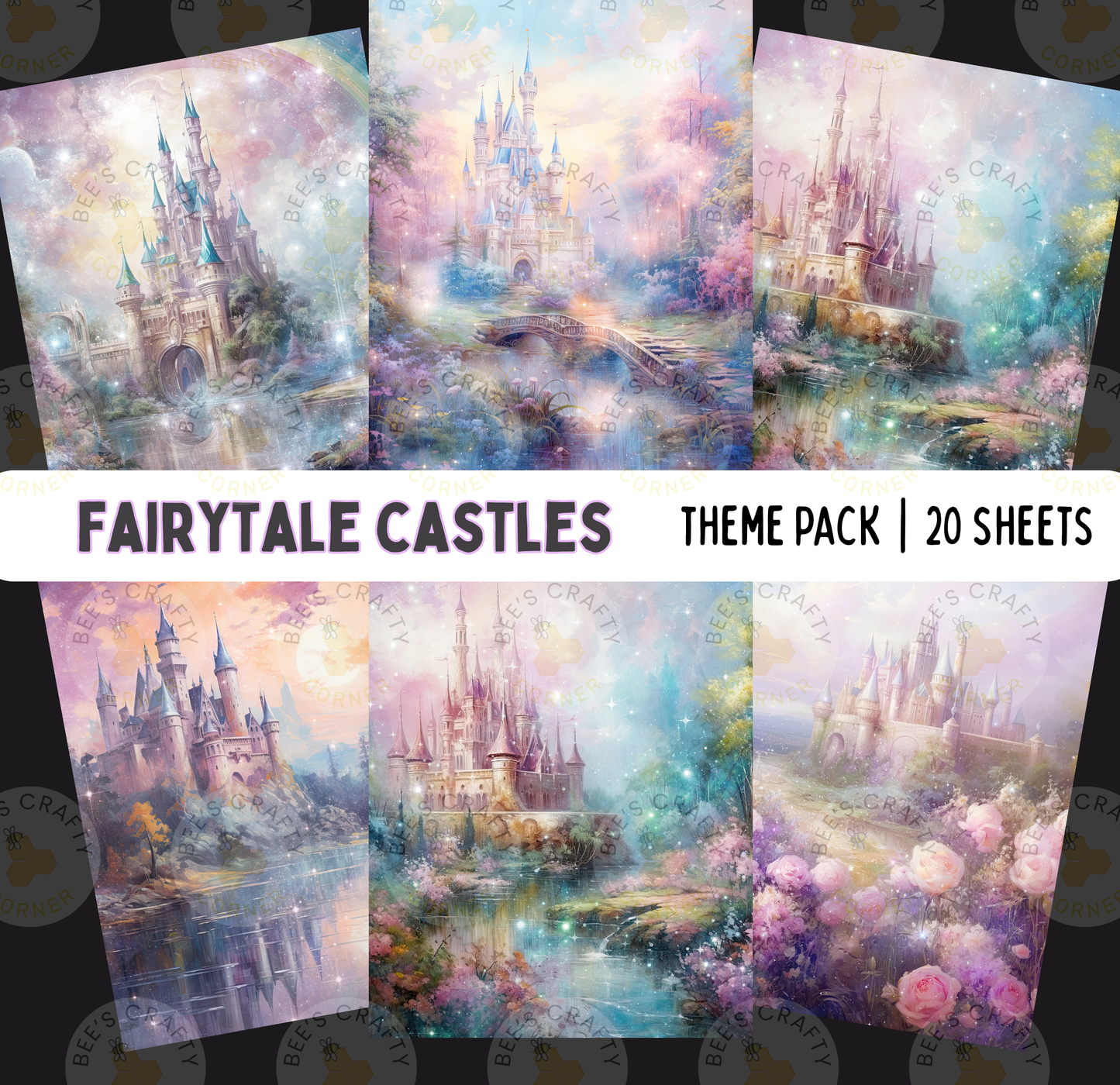 The image is a theme pack of fantasy castle scenes, containing 20 sheets of artwork depicting various castle landscapes and settings.