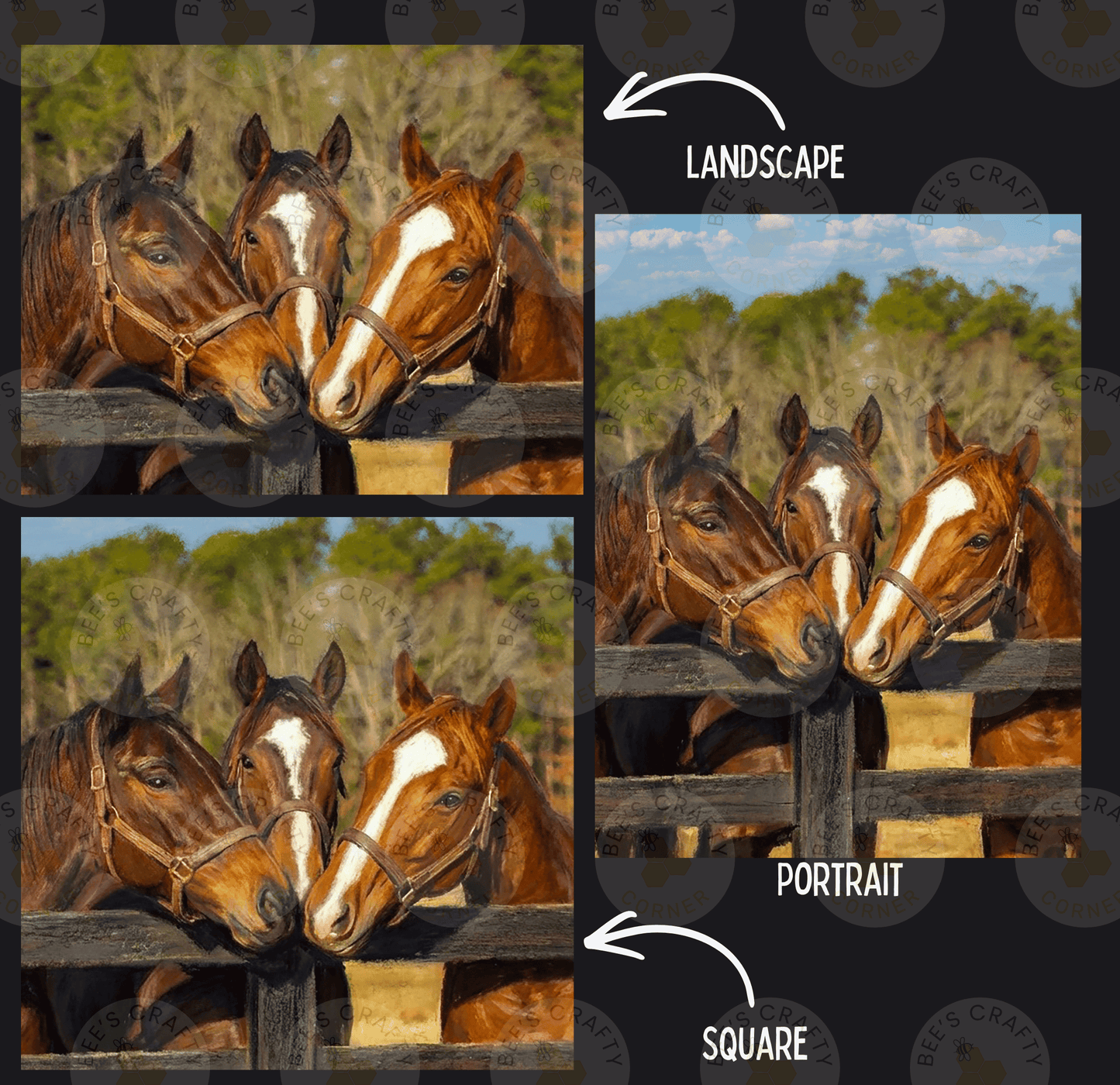 The image is a collage of three pictures showing three horses standing next to a wooden fence. The first two pictures are landscapes, and the third picture is a portrait.