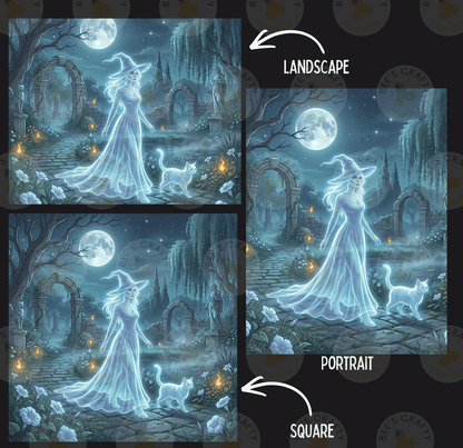 The image is a collage of three pictures depicting a ghostly woman in a flowing dress and hat, accompanied by a cat, in a mystical forest setting with a full moon and a castle-like structure in the background.
