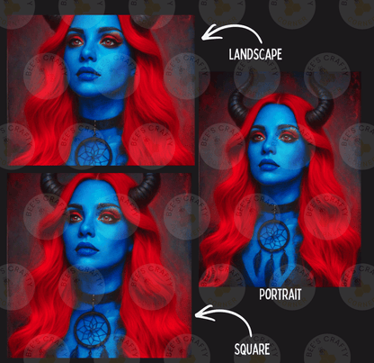 The image is a collage of three images featuring a woman with red hair and blue makeup, wearing a necklace with a dreamcatcher pendant. The images are labeled as "LAWSCASE", "PORTRAIT", and "SQUARE".