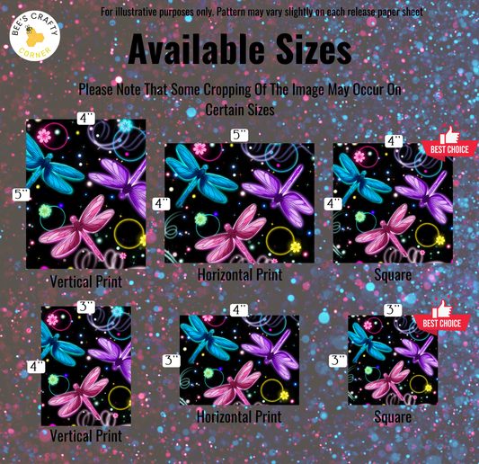 The image is a collage of six different images featuring colorful dragonflies and other insects against a dark background with a starry sky. The images vary in size, with some being larger and others smaller. The text indicates that the available sizes are for illustrative purposes only, and the pattern may vary slightly on each release paper sheet.