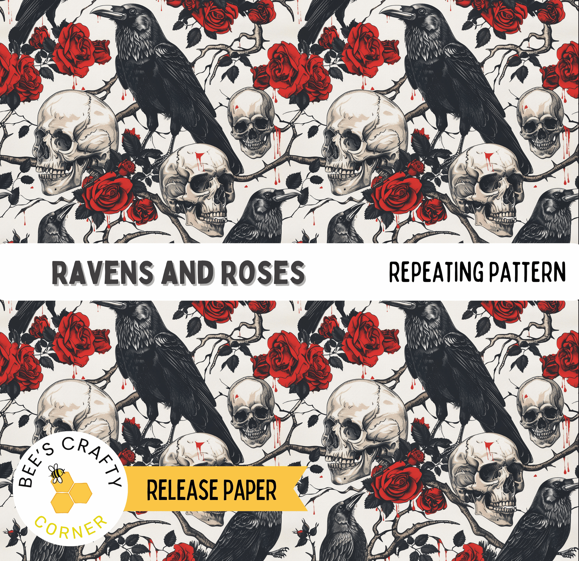 The image is a repeating pattern of black ravens, white skulls, and red roses.