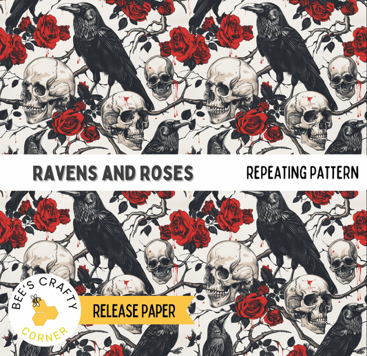 The image is a repeating pattern of black ravens, white skulls, and red roses.