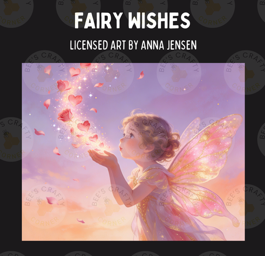 The image is a painting of a young girl with butterfly wings, surrounded by floating hearts and flowers, with a pink and purple background.
