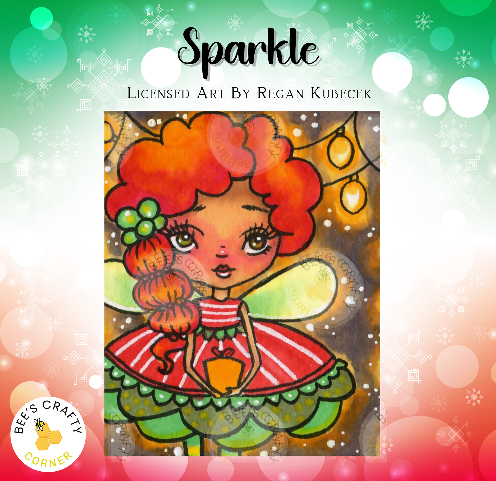 The image is a colorful illustration of a fairy with red hair and a red dress, set against a background of snowflakes and lights.