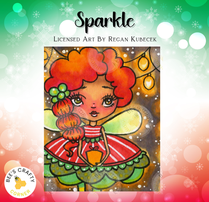 The image is a colorful illustration of a fairy with red hair and a red dress, set against a background of snowflakes and lights.